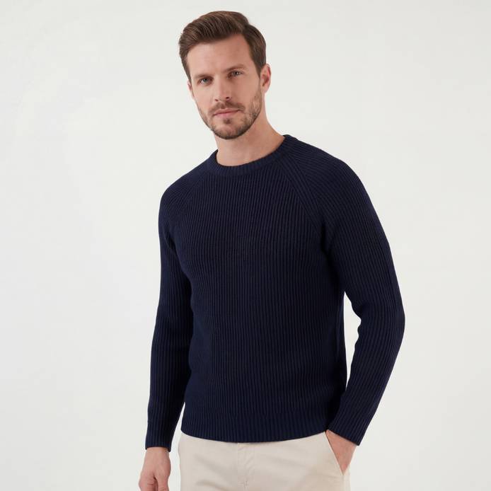Marineblauer Englischer Rippenstrick Rundhals-Pullover