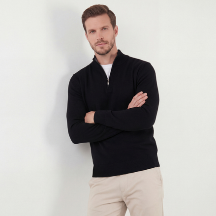 Schwarzer Halb-Reißverschluss-Pullover